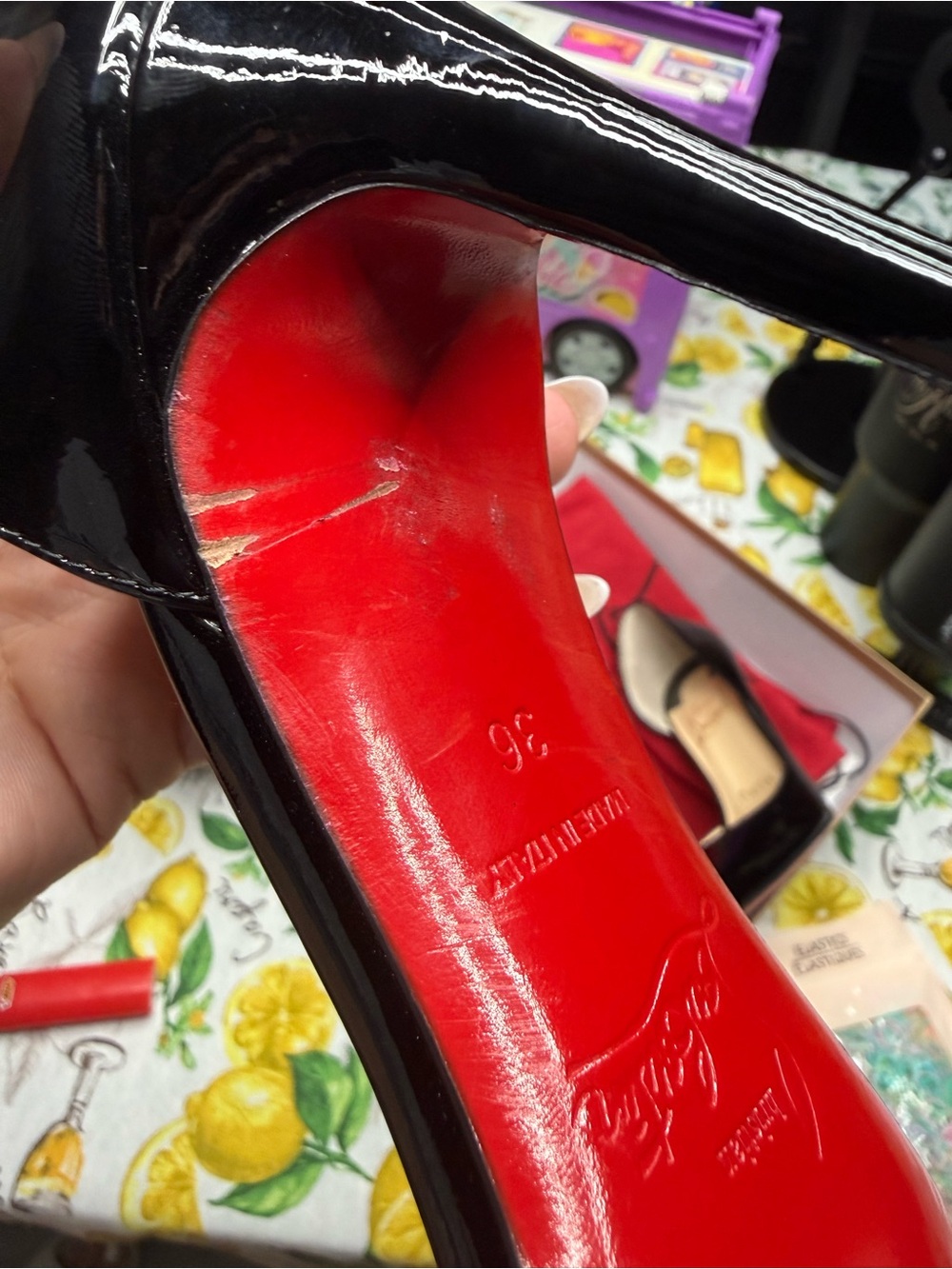 Christian Louboutin Black Patent Pointed-Toe Iriza Pumps with Red Sole - Picture 9 of 14